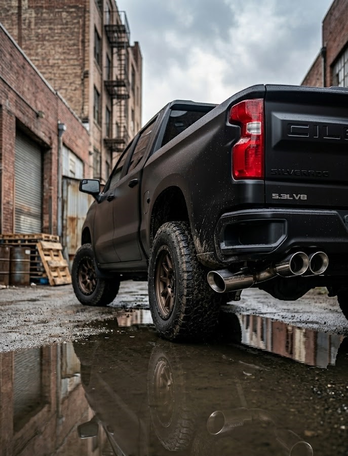 Black Chevy Silverado 5.3LV8 showing aftermarket exhaust tips in urban alley
